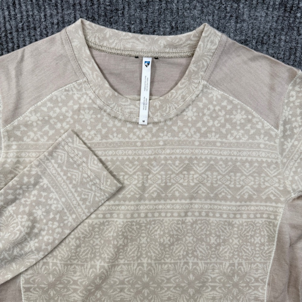 KUHL Women Kaskade krew Tan Merino Wool Blend Fair Isle Baselayer Thumbhole 4263